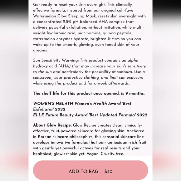 Glow Recipe Watermelon Glow AHA Night Treatment 60 mL New Retail $40 - Picture 4 of 4